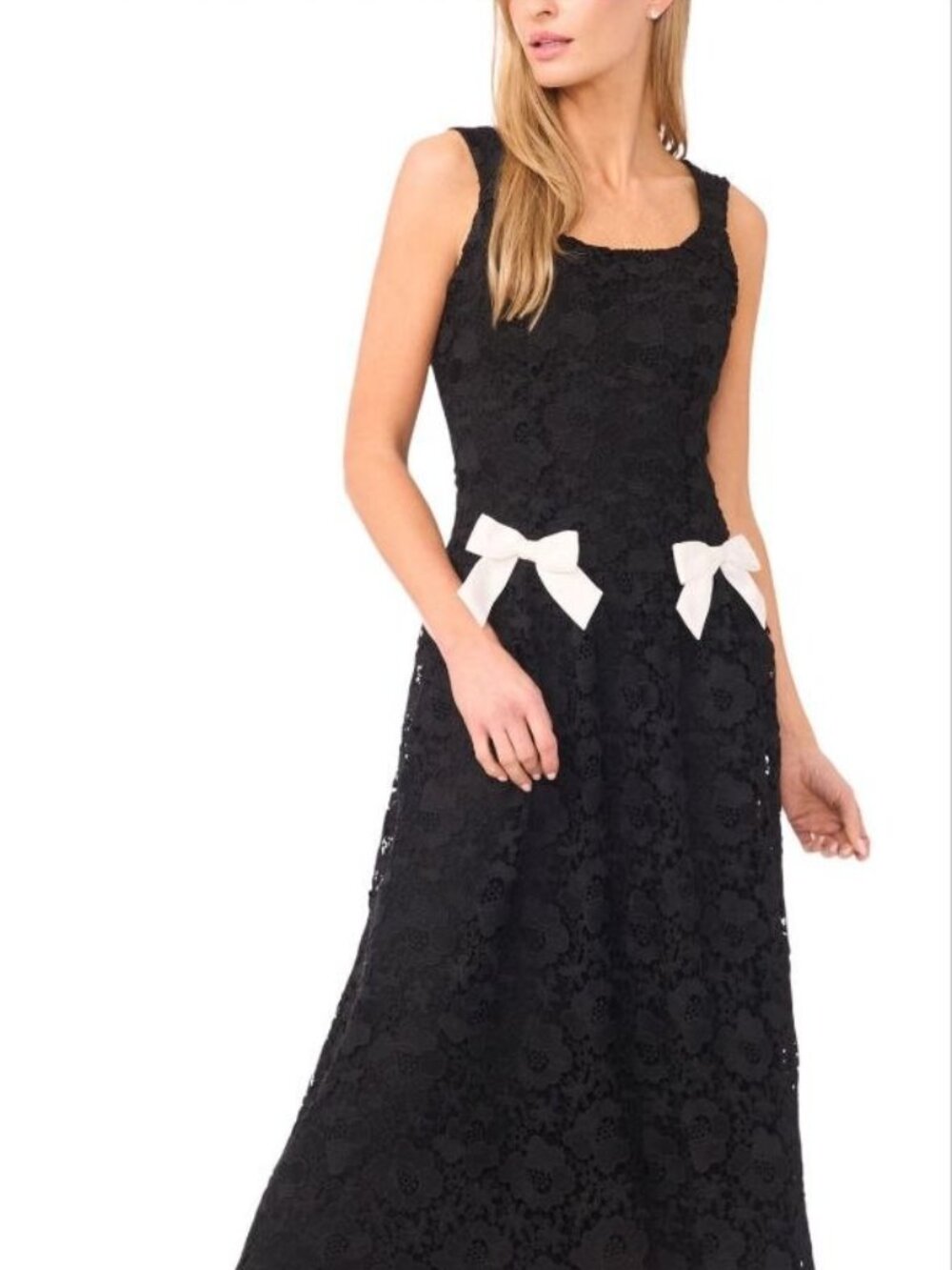 $139 CeCe Bow Detail Floral Lace Midi Black Size 8